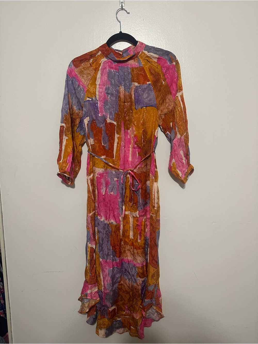Maeve Multicolor Abstract Asymmetrical Midi Dress in Pink, Brown & Purple NWT